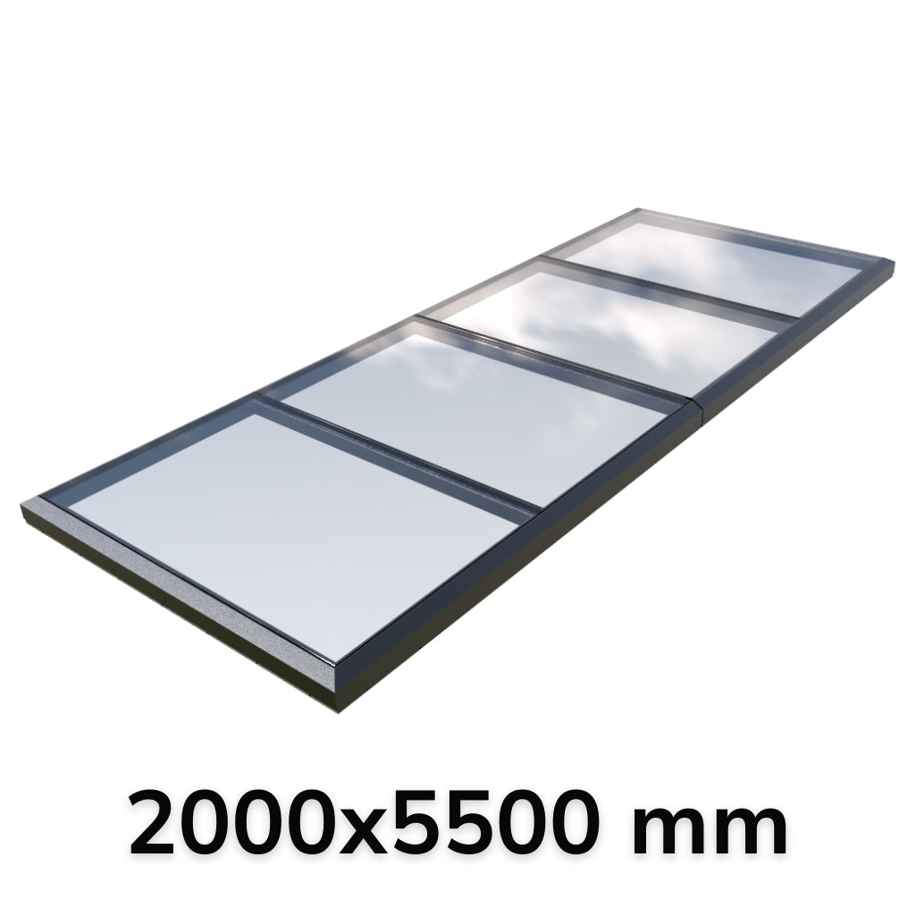 Puits de lumière modulaire à liaison fixe en verre de 2 000 x 5 500 mm (2 fixes et 0 ouvrants)