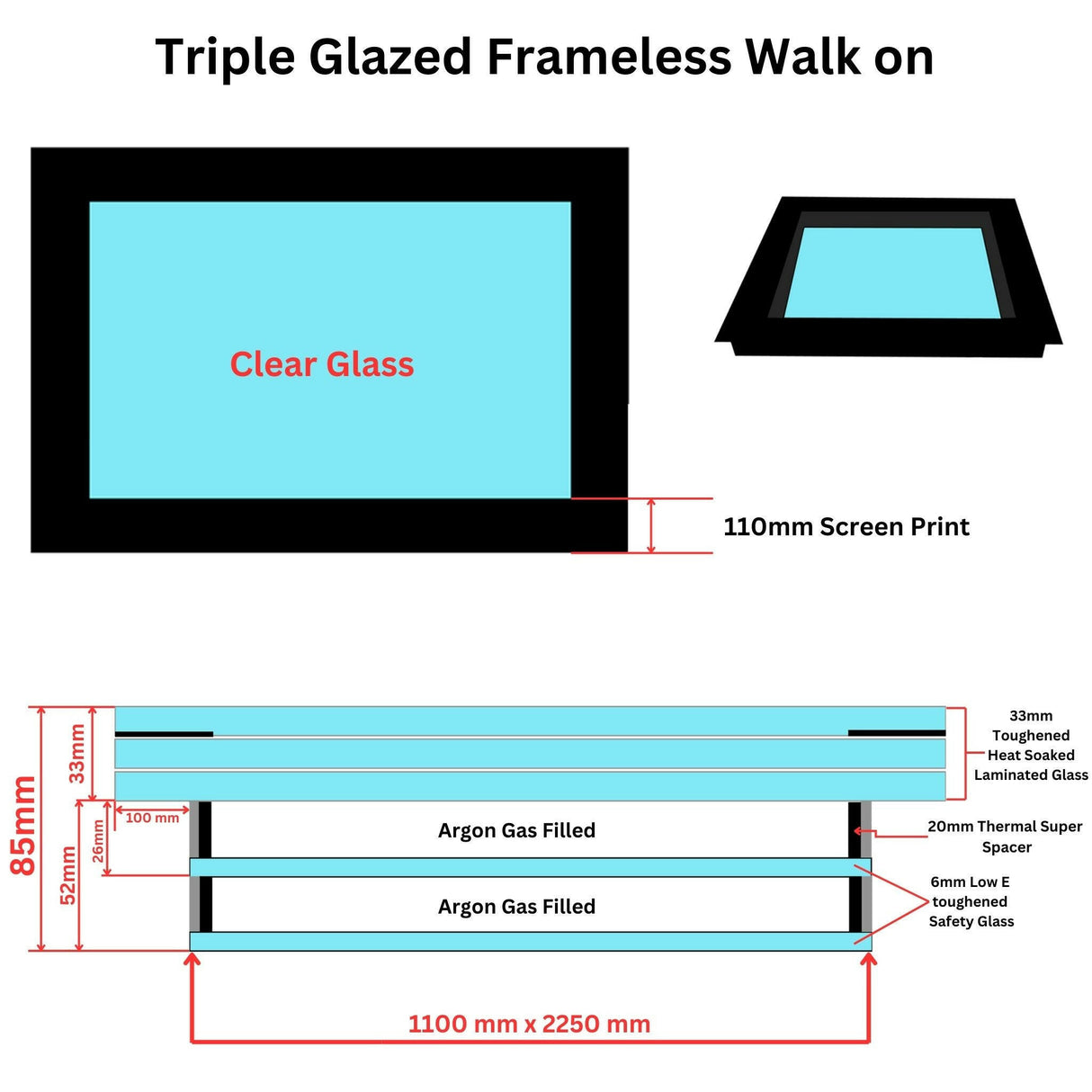 1100 x 2250 mm Frameless Walk-on Skylight Triple Glazed - Sale.