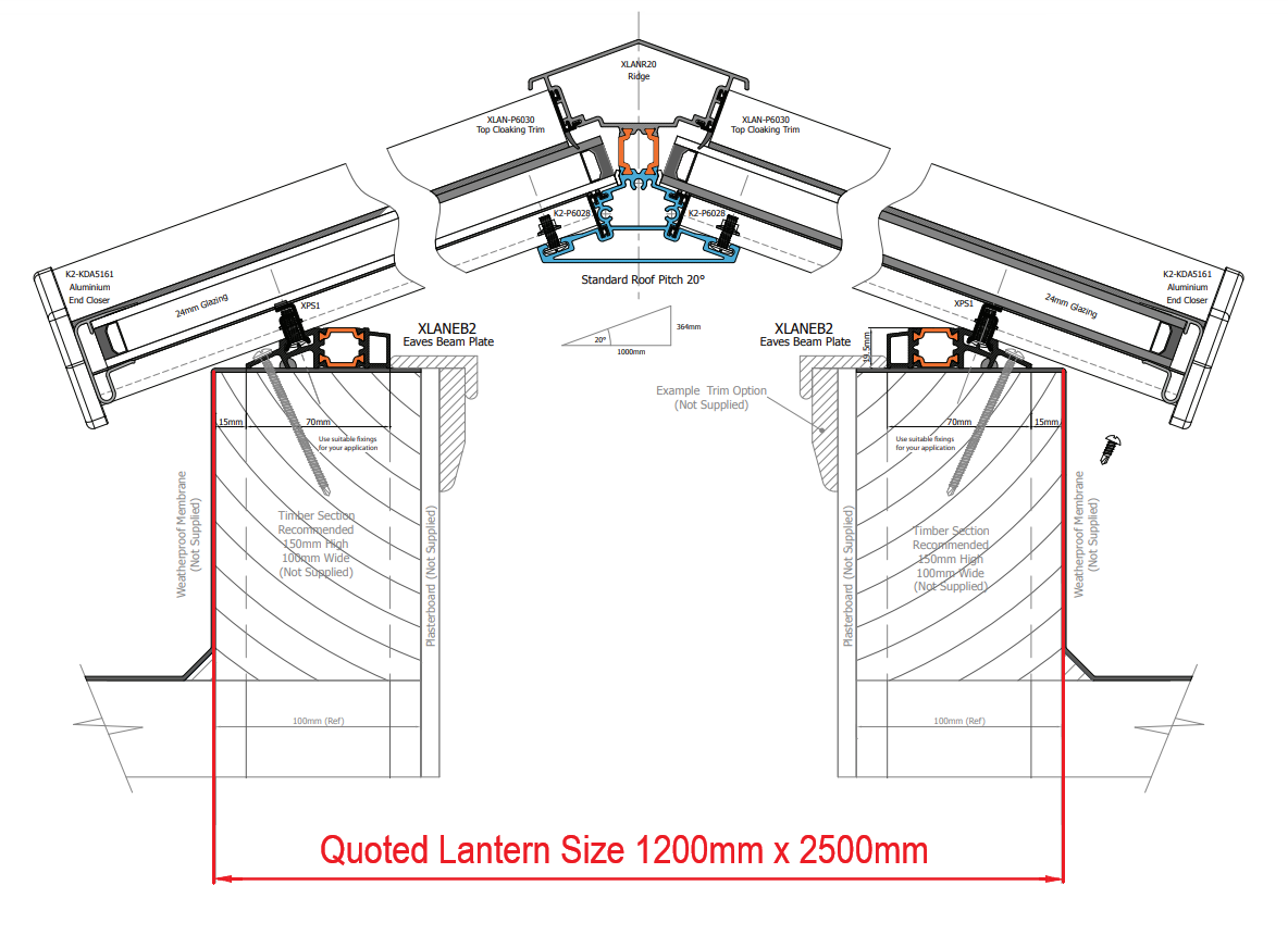 1200 x 2500 mm Stratus Verrière de Toit en Aluminium Style 2 (Traditionnel)