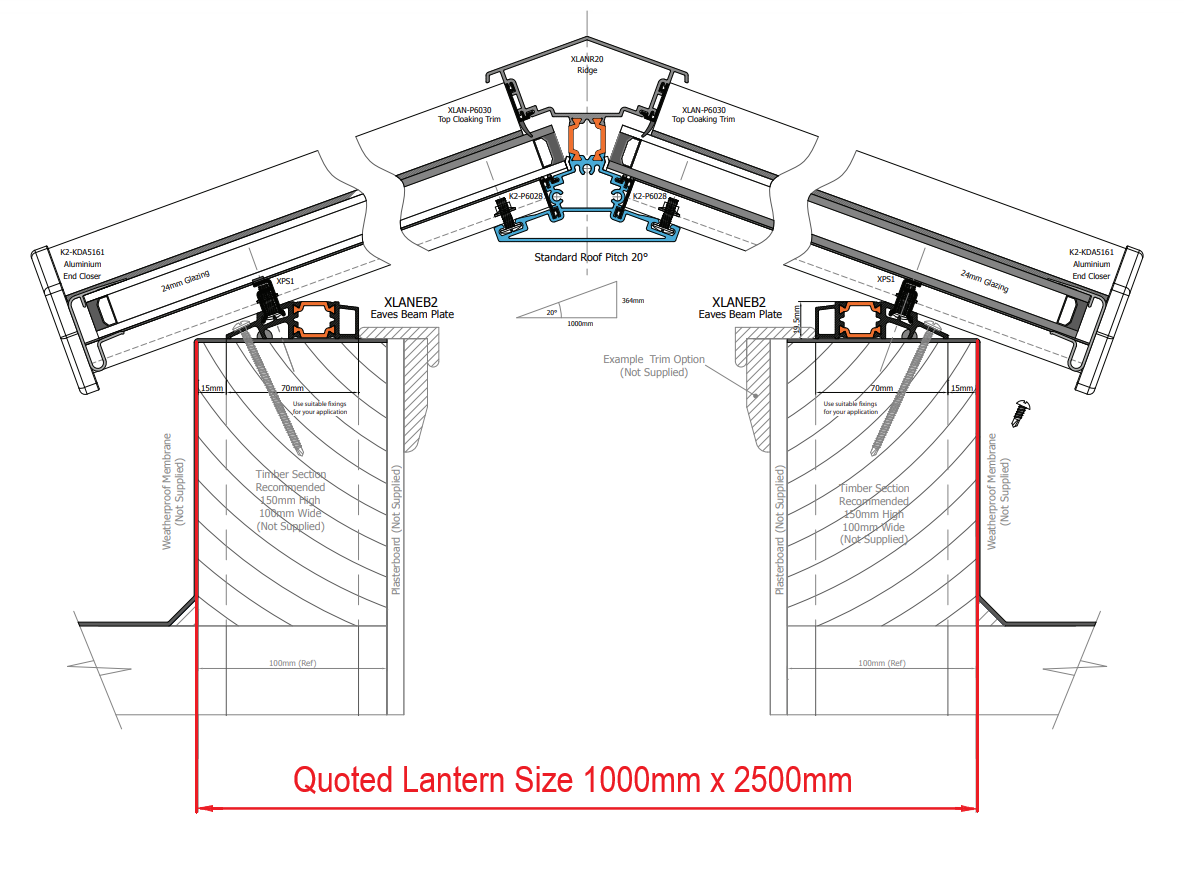 100 x 250 cm Stratus Aluminium Daklantaarn Stijl 2 (Traditioneel)