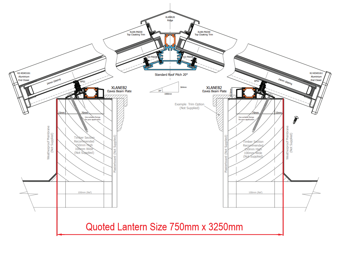 75 x 325 cm Stratus Aluminium Daklantaarn Stijl 3 (Traditioneel)