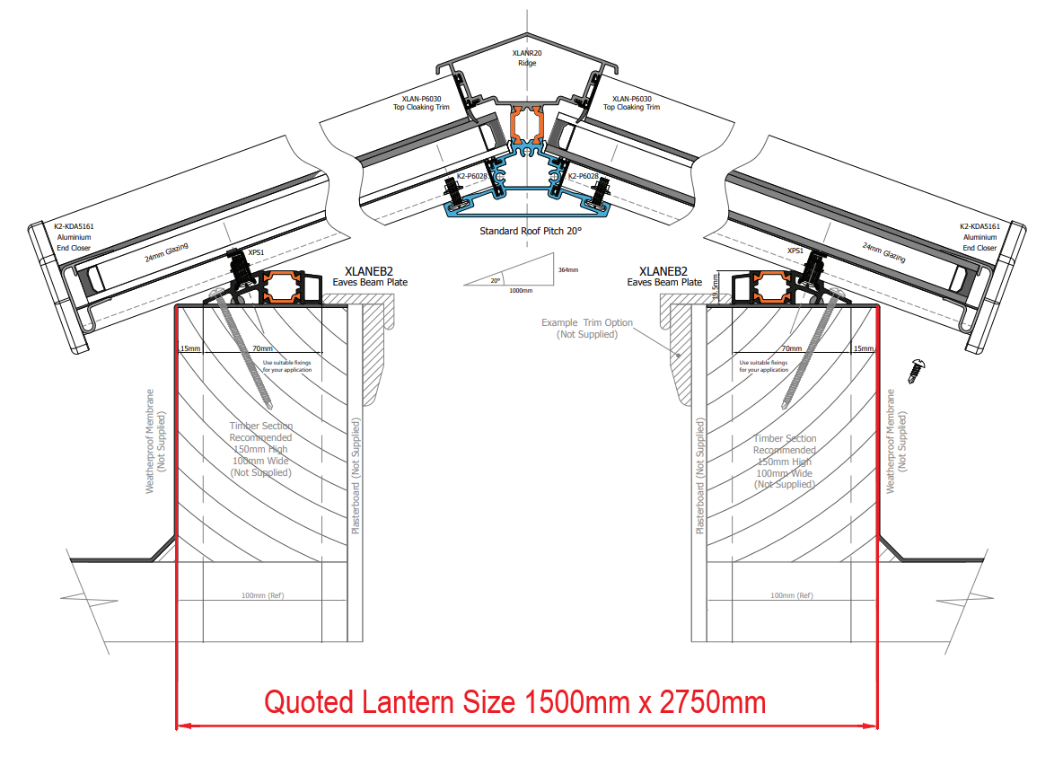 150 x 275 mm Stratus Aluminium Daklantaarn Stijl 4 (Traditioneel)